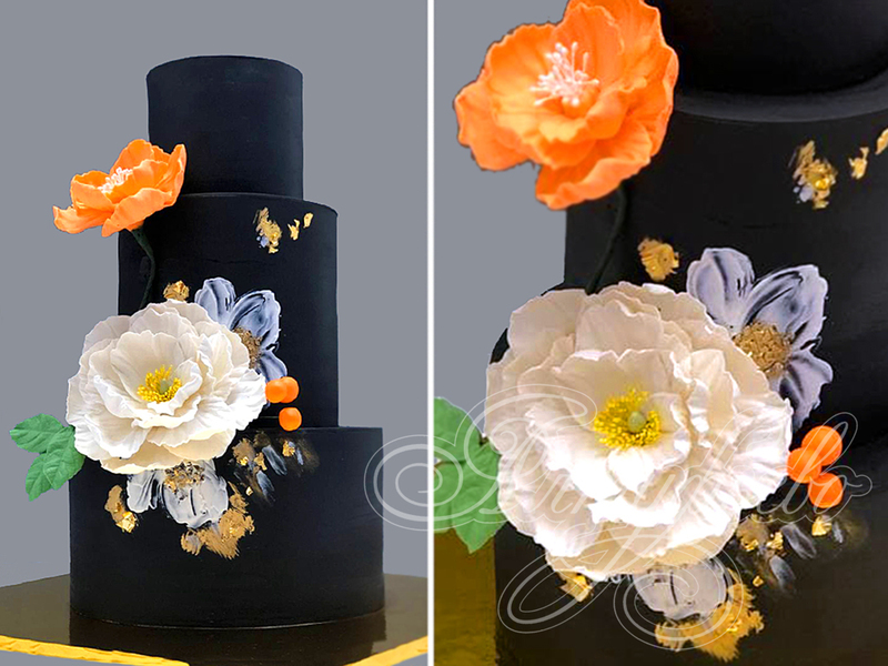 Модный торт с цветами и золотом трехъярусный с мастикой