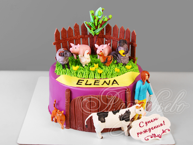 Торт с коровой и другими домашними животными для женщины на день рождения