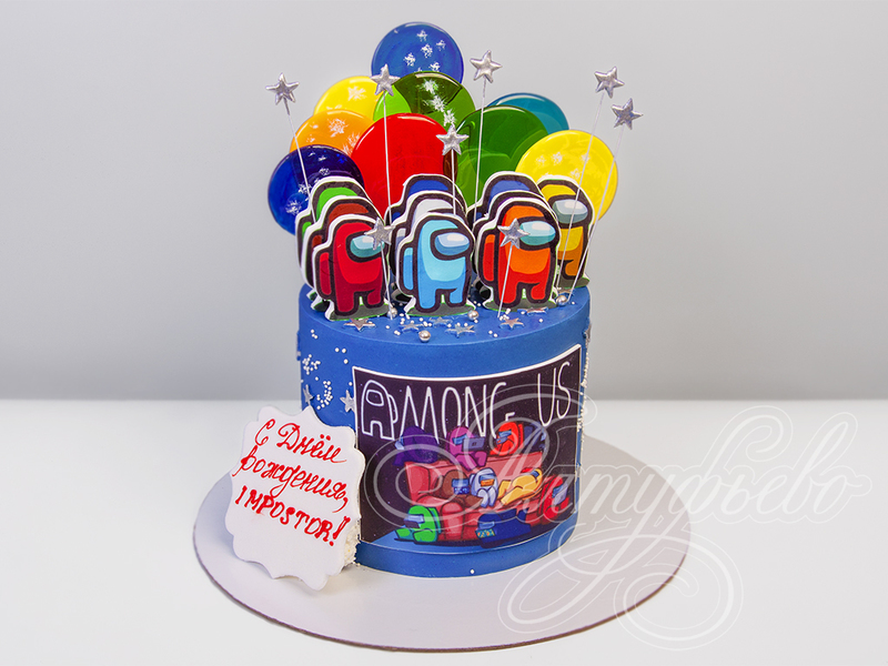 Детский торт на день рождения на 12 лет Among Us одноярусный с мастикой и фотопечатью