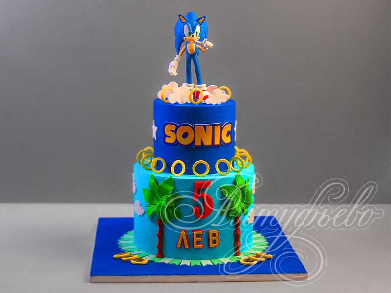 Детский торт Sonic для мальчика на 5 лет двухъярусный с мастикой