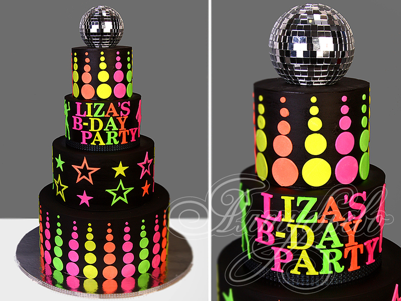 Неоновый торт девушке на день рождения в стиле диско многоярусный