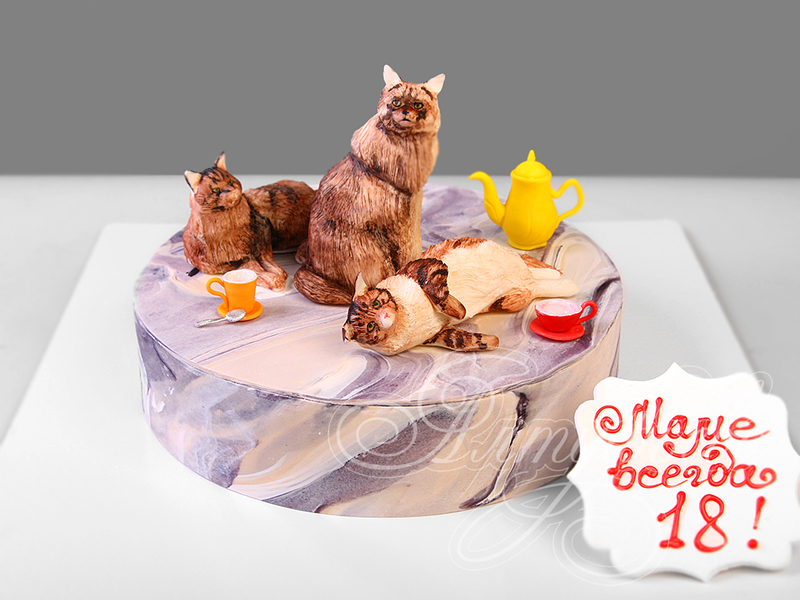 Торт с Кошками для мамы на день рождения одноярусный с мастикой с фигурками