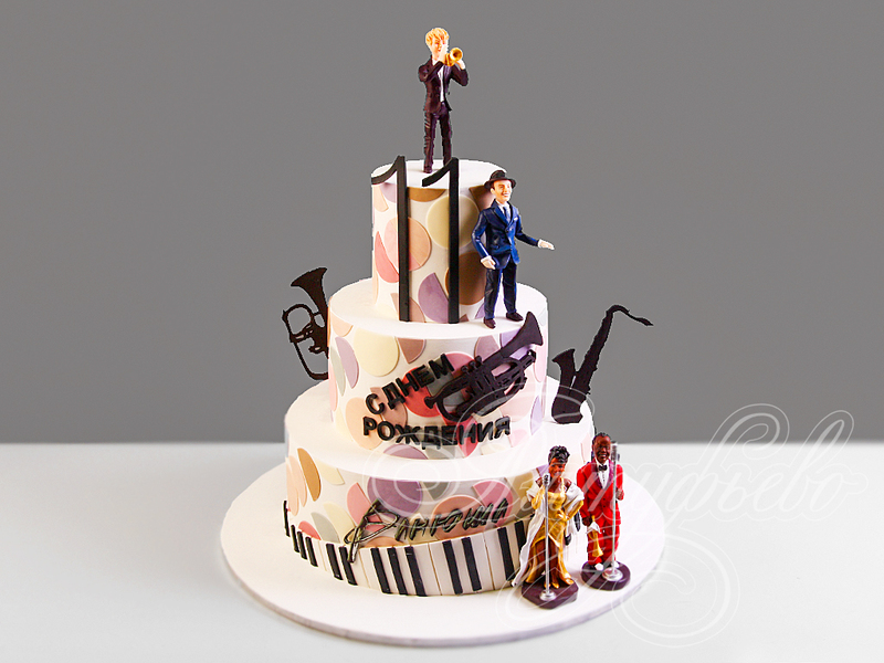Музыкальный торт с Мировыми Джазменами подросткам на день рождения в 11 лет трехъярусный с мастикой