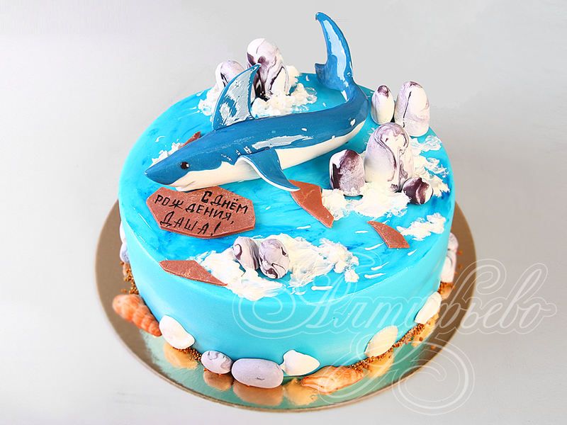 Морской торт с акулой для девочки одноярусный с мастикой с фигурками