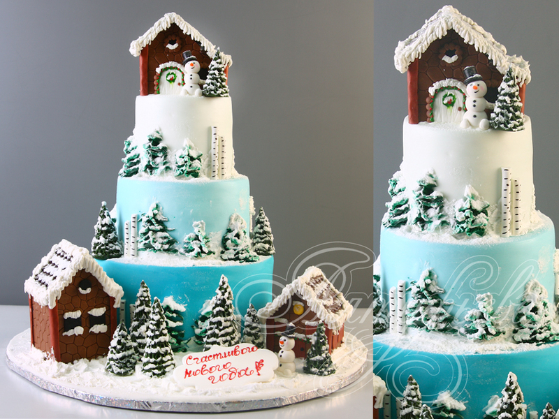 Зимний торт с домиками и елками