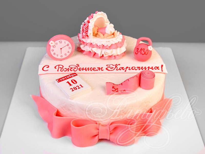 Розовый торт на рождение малышки одноярусный