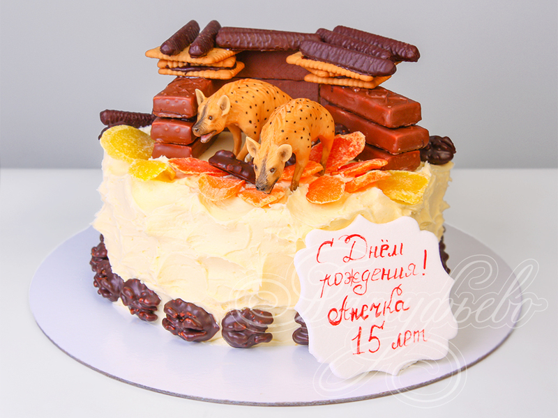 Торт с гиенами, шоколадом и печеньем девочке на день рождения в 15 лет одноярусный
