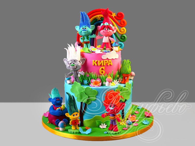 Детский торт с фигурками Троллей девочке на день рождения в 6 лет