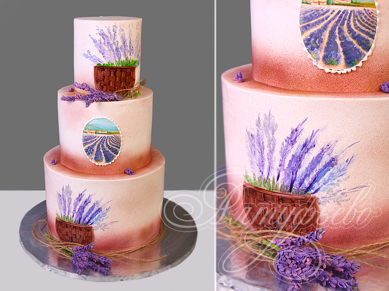 Свадебный торт с Лавандой в стиле Прованс трехъярусный с мастикой