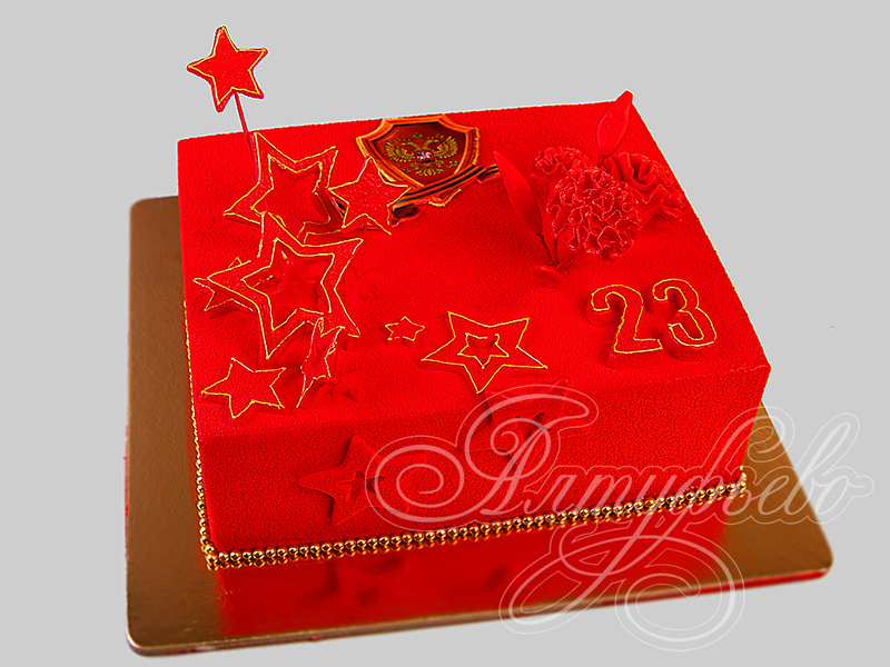 Красный торт Защитнику Отечества на 23 февраля одноярусный велюровый без мастики