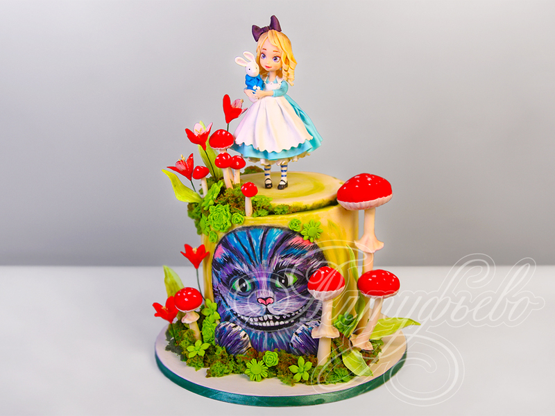 Детский торт для девочек с фигуркой Алисы и рисунком Чеширского кота