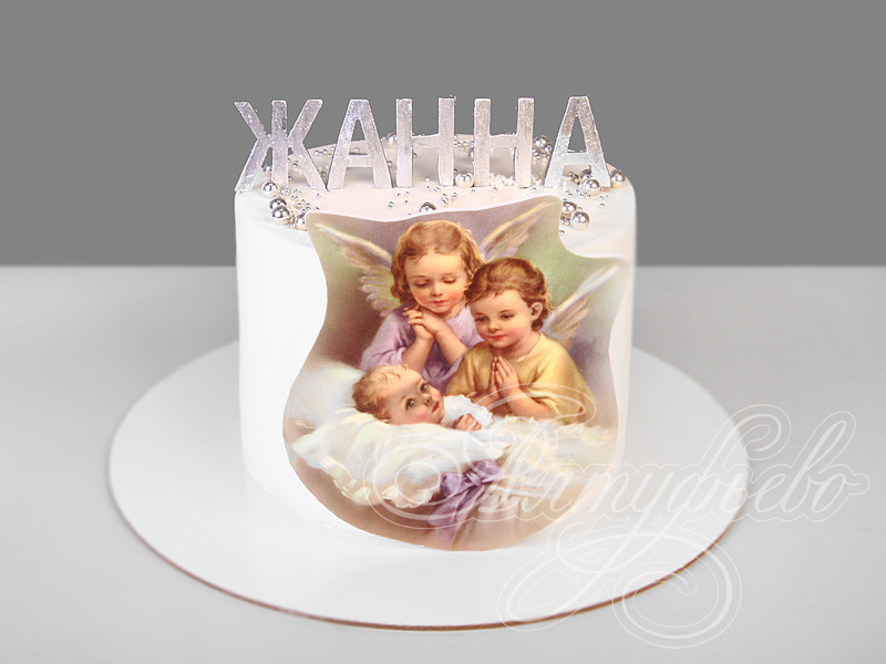 Детский торт на крестины для малышей с ангелами