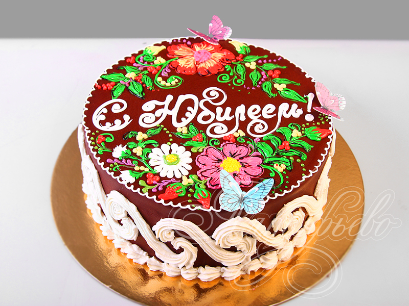 Торт на юбилей Шоколадный с Цветами одноярусный кремовый со сливками без мастики