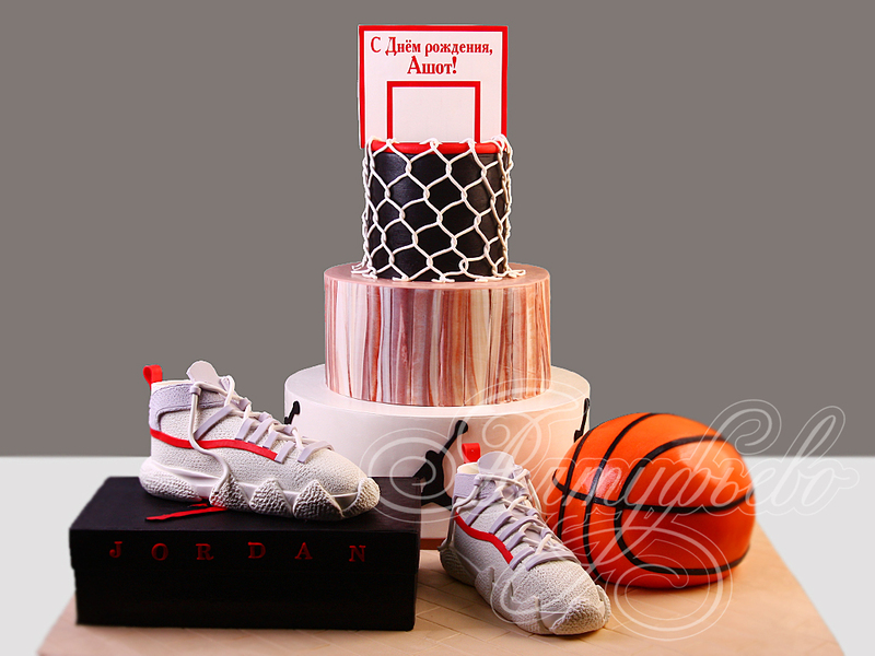 Детский торт мальчику с кроссовками Nike Jordan и баскетбольным мячом