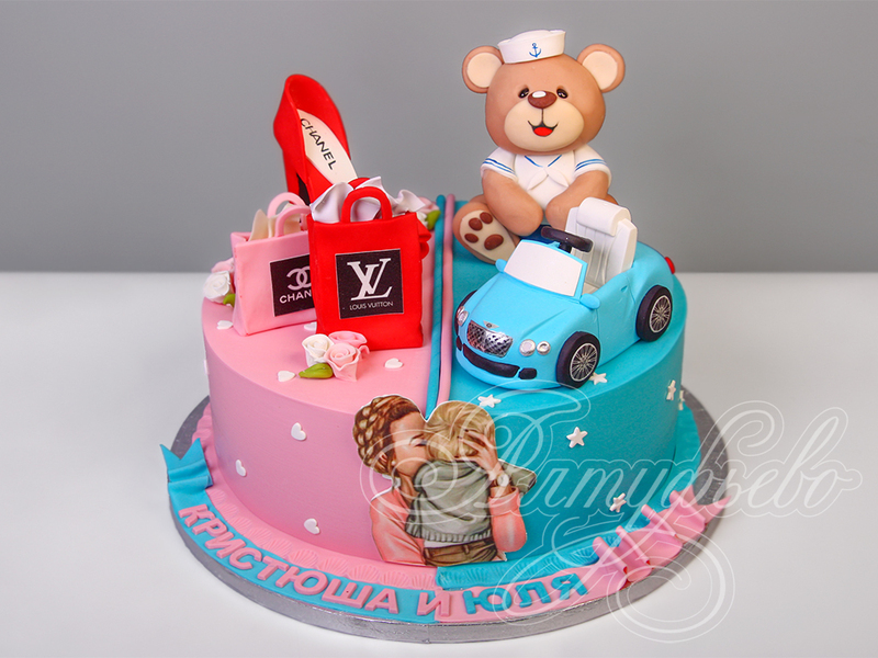 Детский торт с мишкой и машинкой для малыша и с туфелькой для мамы