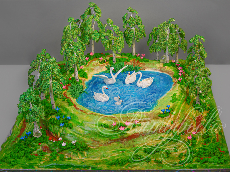 Торт бабушке к юбилею с озером и лебедями одноярусный