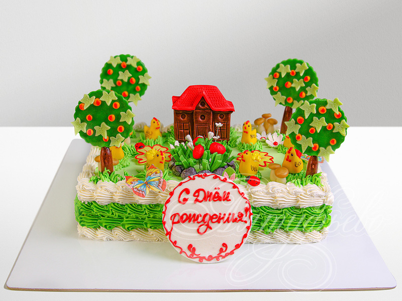 Торт "Лето в деревне" на день рождения одноярусный кремовый со сливками