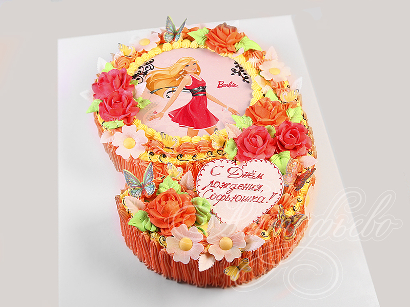 Торт цифра Девять с цветочками и бабочками девочке на день рождения без мастики - кремовый со сливками