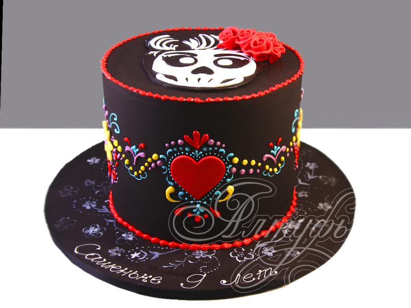 Черный торт с Черепом и узорами для девочек на день рождения в 9 лет одноярусный