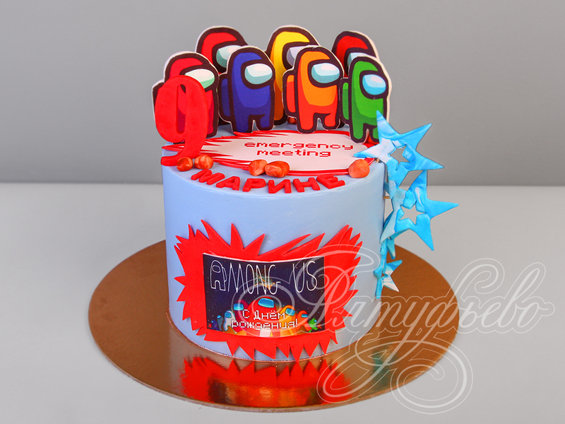 Торт Among Us для девочки на день рождения одноярусный с мастикой