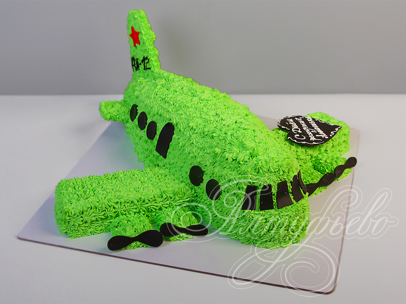 Торт в виде зеленого самолета АН-12 для мальчиков на день рождения без мастики