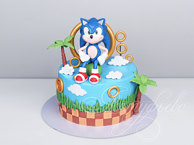 Детский торт Соник стоимостью 9 530 рублей в категории Игры и гаджеты - торты на заказ ПРЕМИУМ-класса. Цена: 2 640 руб/кг. Детский торт Соник