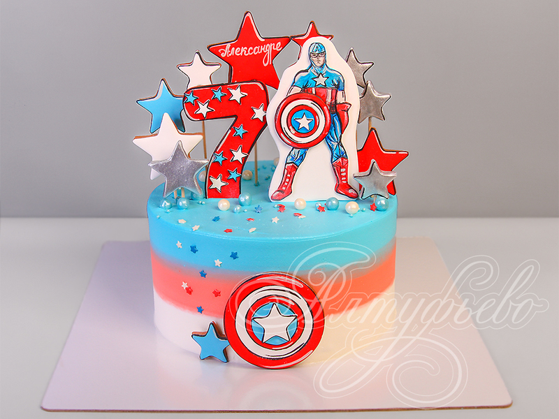 Детский торт мальчику без мастики с Капитаном Америка на день рождения в 7 лет