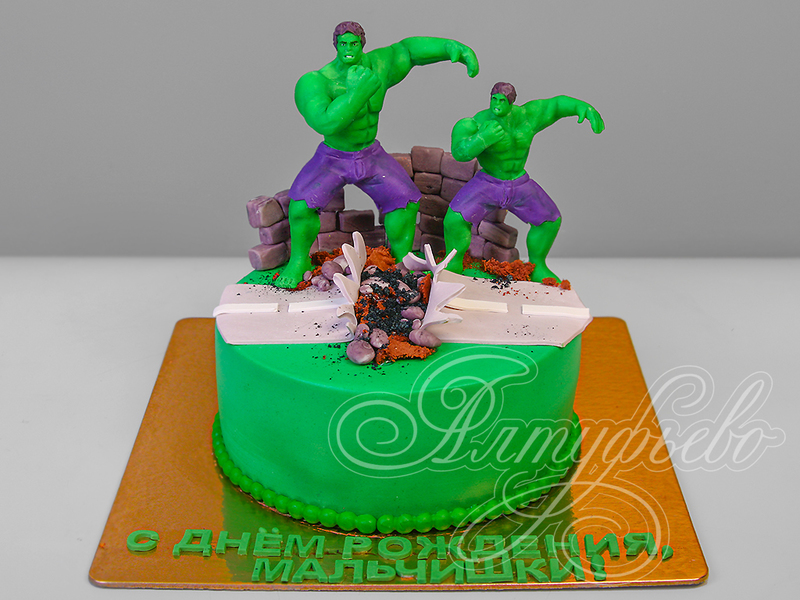 Детский торт Халк мальчикам одноярусный с мастикой и фигурками на два дня рождения