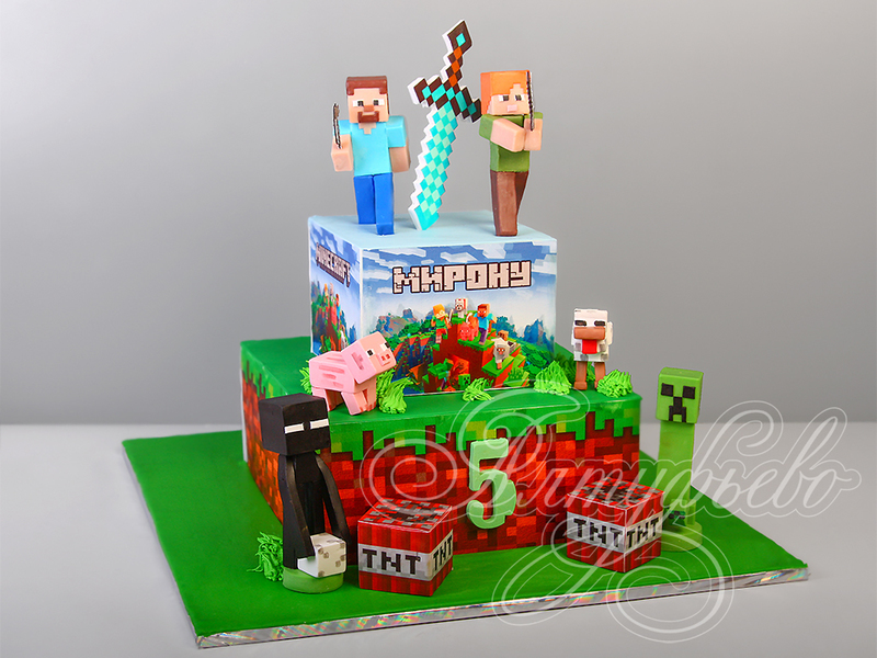 Детский торт Майнкрафт для мальчика двухъярусный с фотопечатью и фигурками