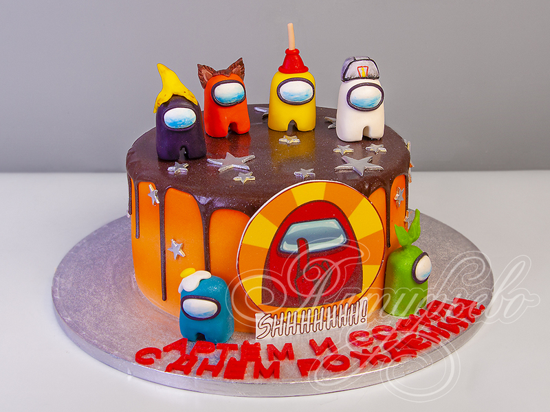 Детский торт на день рождения мальчика и девочки одноярусный с персонажами игры Among Us