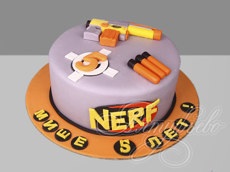 Детский торт Nerf с бластером и стрелами мальчику на день рождения в 5 лет одноярусный