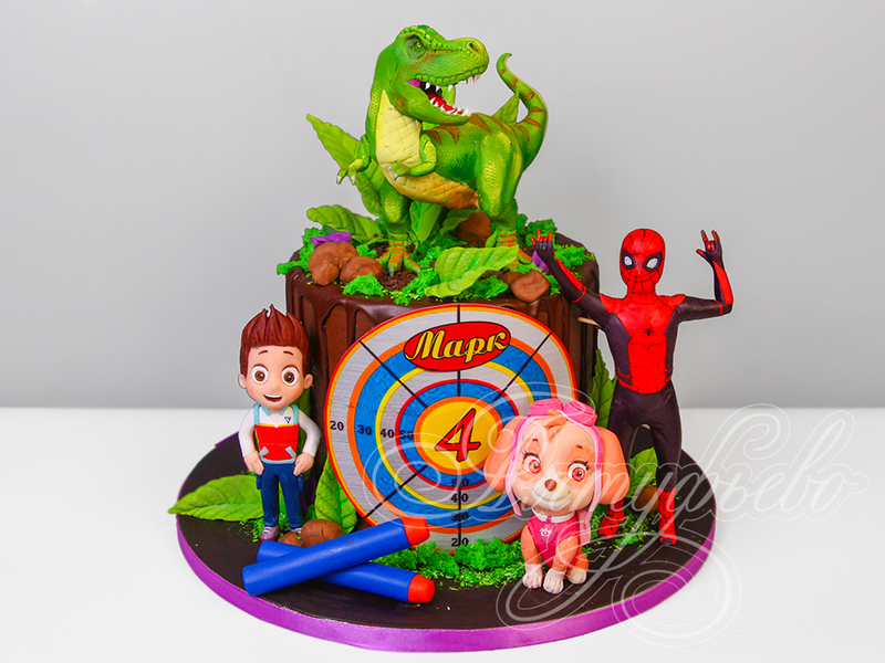 Детский торт "Nerf" с динозавром, Скай и человеком-пауком на 4 года для мальчика