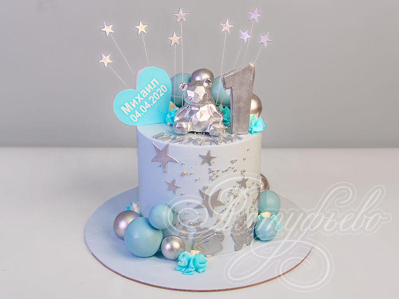 Торт с мишкой для малыша одноярусный с шарами и звездочками