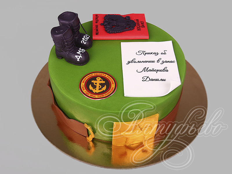 Дембельский торт с военным билетом и приказом об увольнении для мужчины одноярусный с мастикой