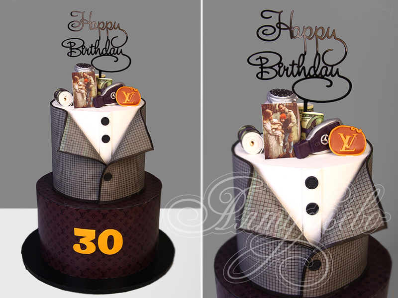 Двухъярусный мужской торт в виде фрака на день рождения в 30 лет
