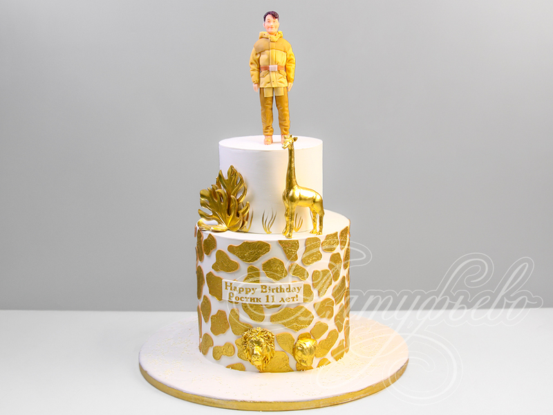 Торт со золотыми львом и жирафом двухъярусный мальчику на 11 лет