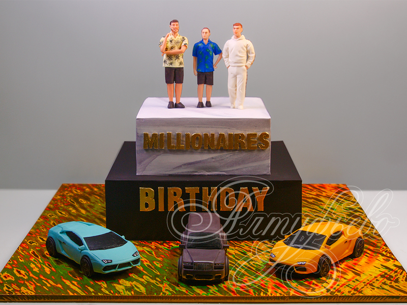 Торт для мужчин-миллионеров с фигурками Rolls-Royce и Lamborghini двухъярусный с мастикой