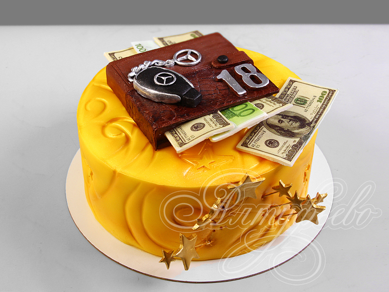 Торт с деньгами в кошельке и брелком-ключом от автомобиля Мерседес на день рождения в 18 лет