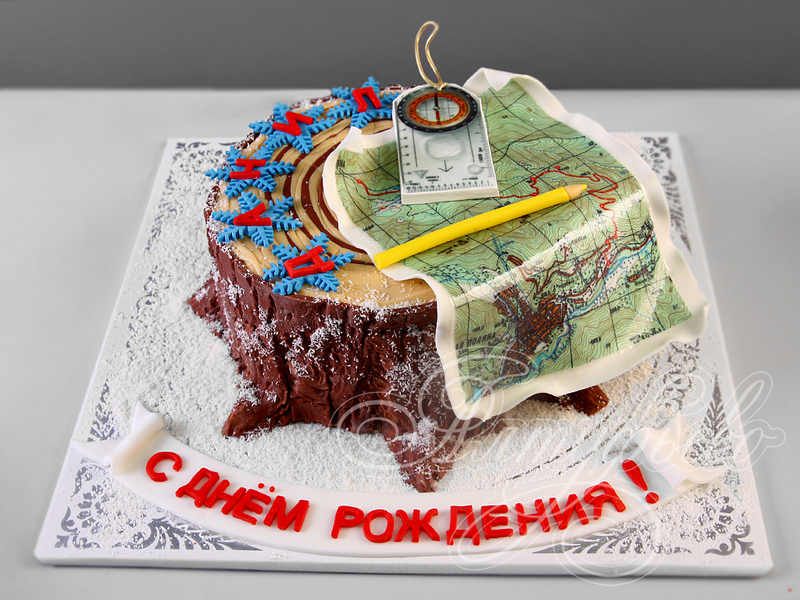 Торт Пень с компасом, картой и карандашом