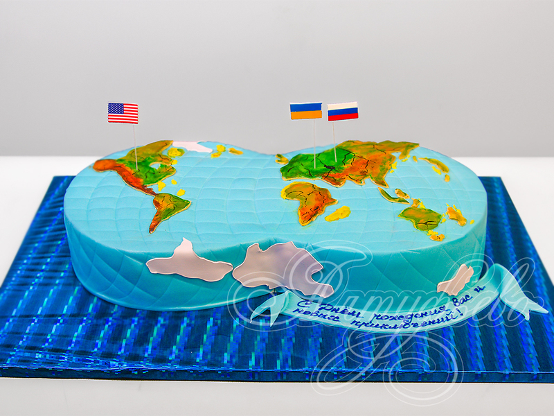 Торт на 35 лет женщинам двухъярусный с флагами и картой мира