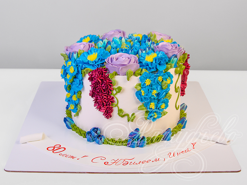 Торт на 80 лет для бабушки в день рождения одноярусный без мастики