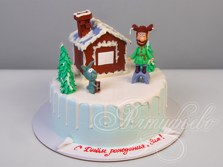 Зимний торт с домиком и елочками