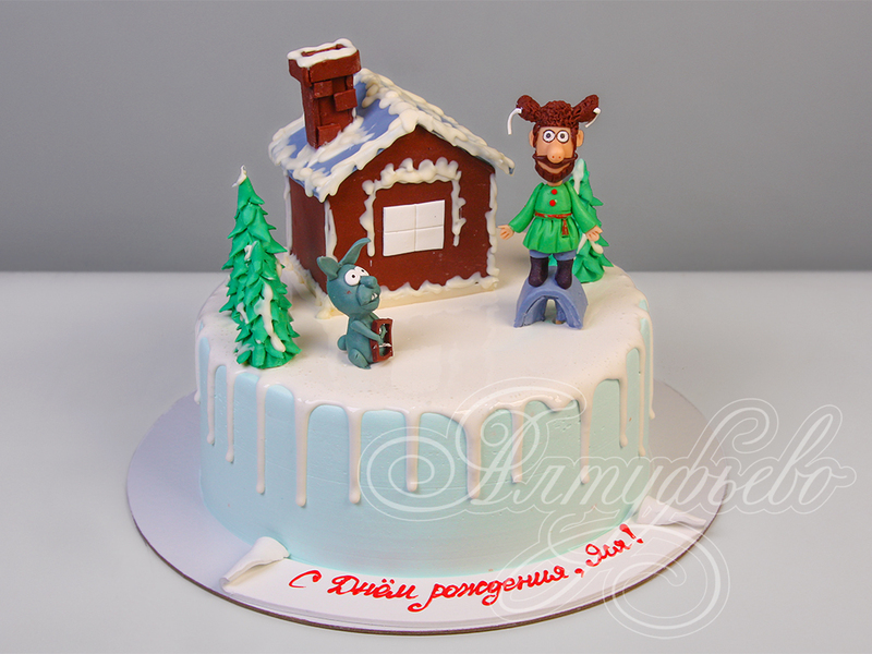 Зимний торт с домиком и елочками одноярусный