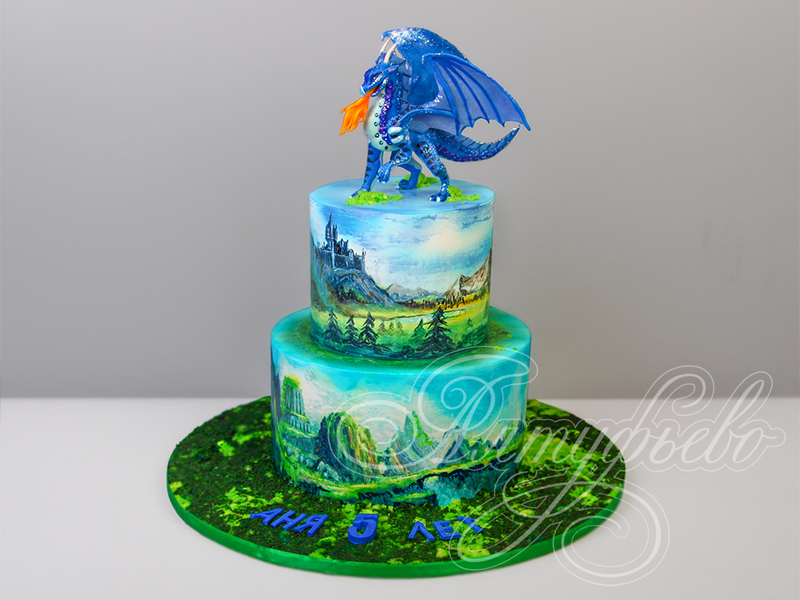 Торт на 5 лет с Синим Драконом в день рождения с рисунком сказочного замка и гор на боках торта