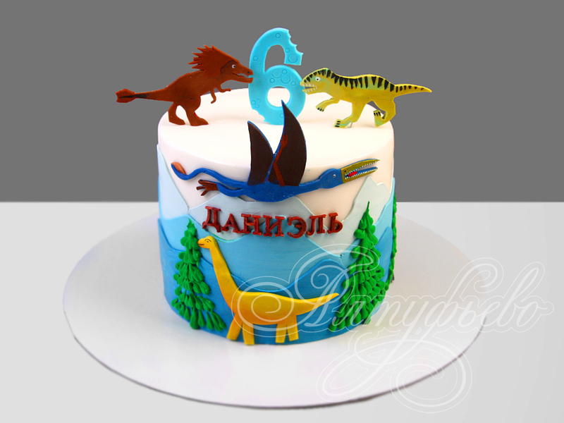 Торт с аппликацией и динозаврами одноярусный на день рождения мальчика в 6 лет