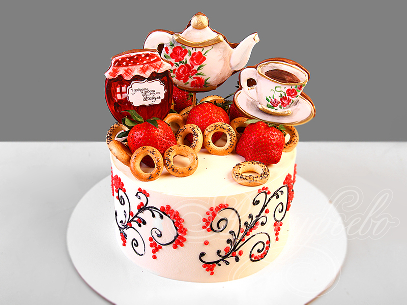 Торт бабушкам в виде чайничка, чашки с блюдцем и банки варенья с сушками и клубникой