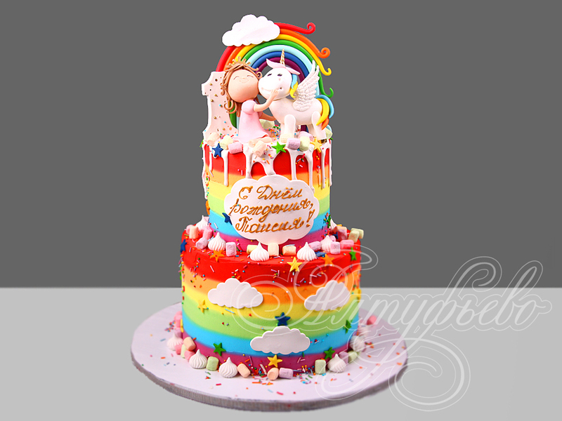 Радужный торт с единорогом на 1 год