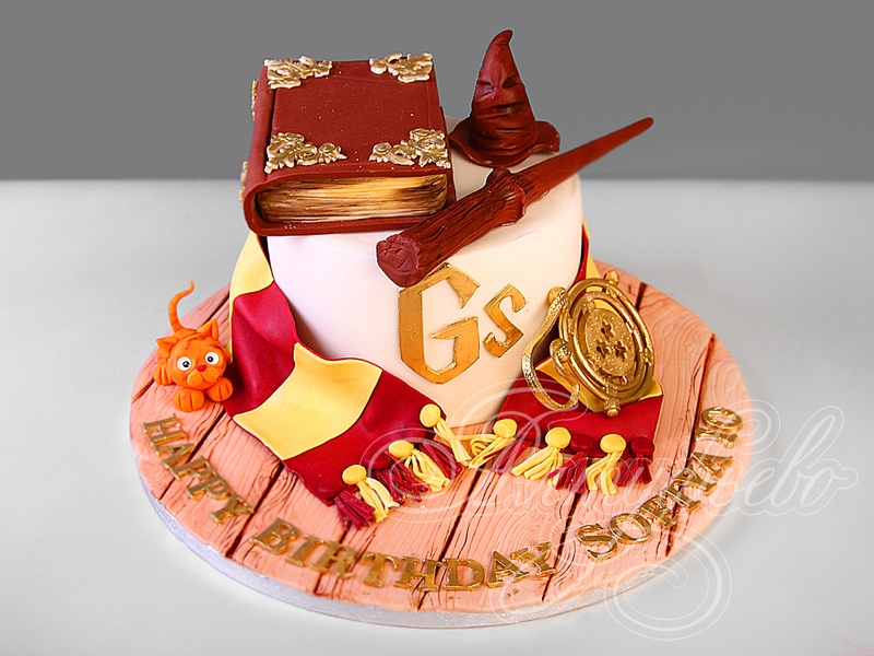 Торт подростку в тематике Гарри Поттера с Книгой, шарфом, шляпой, волшебной палочкой и рыжей кошечкой