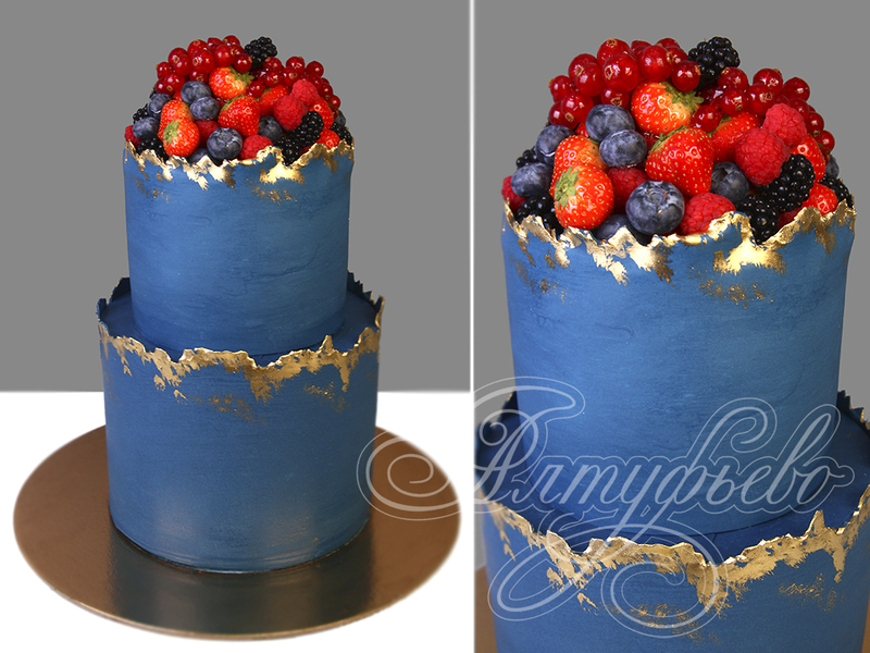 Голубой свадебный торт с золотыми краями двухъярусный