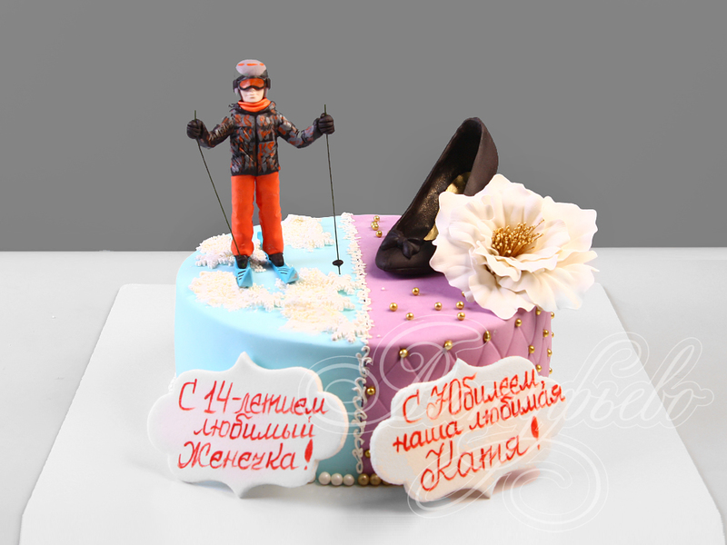 Торт для модницы на юбилей с Туфелькой с одной стороны и с лыжником на день рождения мальчику в 14 лет